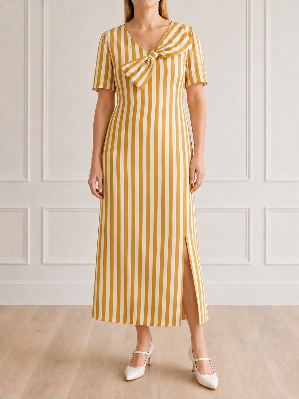 Ivy City Co Lucille Dress 16 Mustard White Stripe Statement Bow Retro Midi NWT
